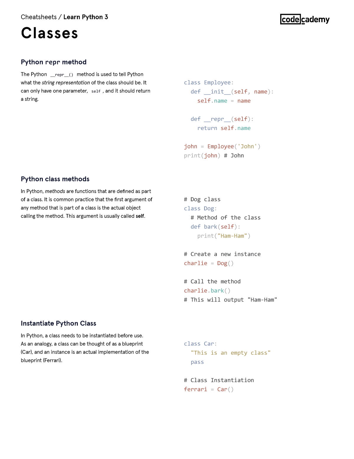 Learn Python 3 Classes Cheatsheet Codecademy - The Python Repr() Method ...