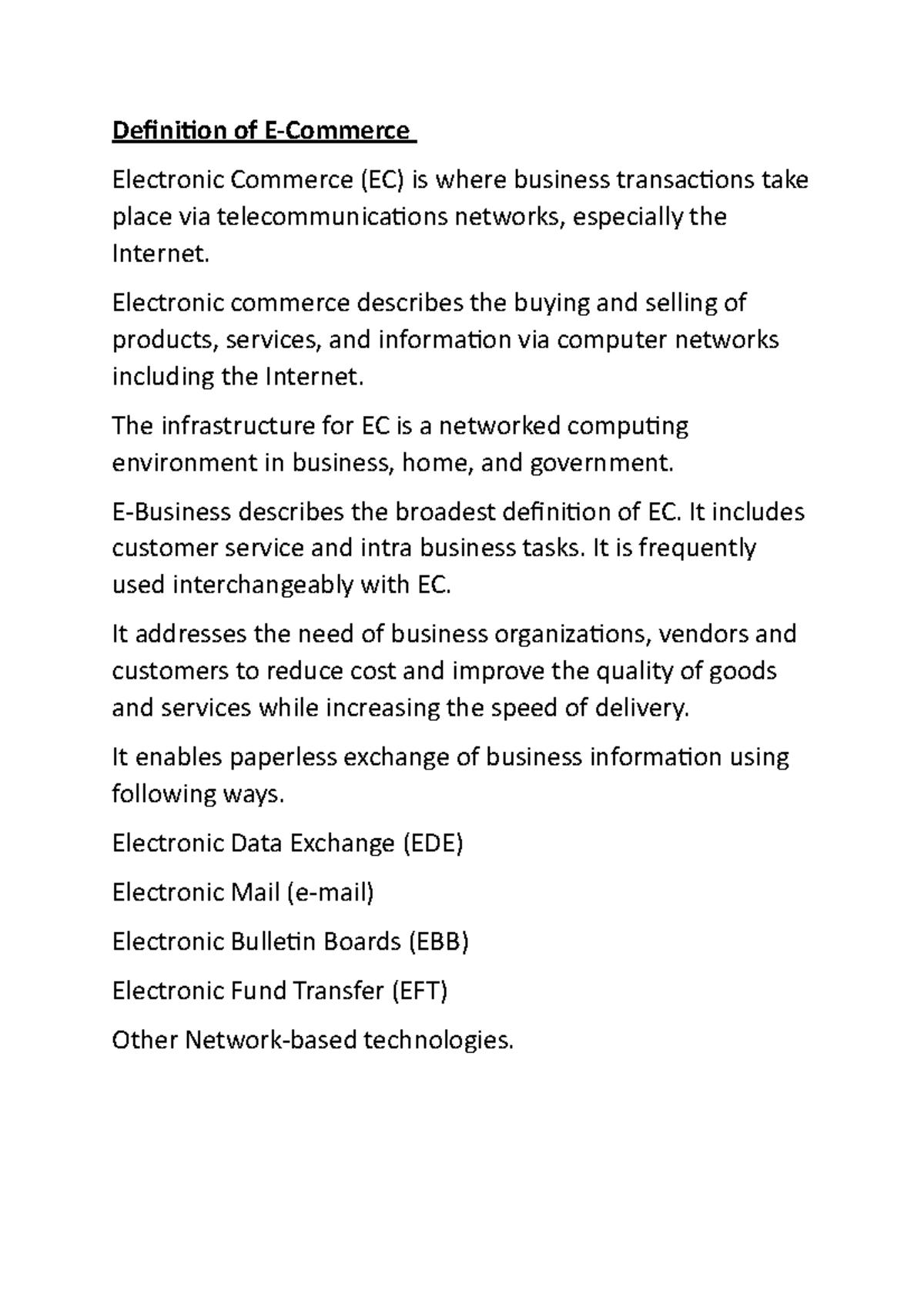 Mid - the class notes - Definition of E-Commerce Electronic Commerce ...