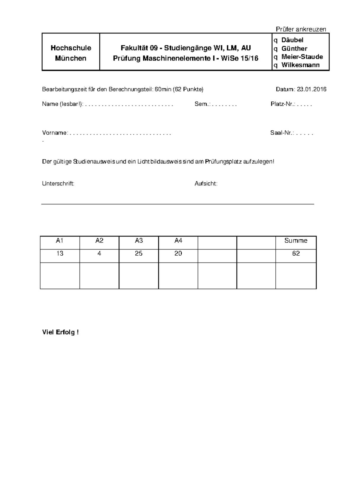 15WS Wippe - Altklausur Maschinenelemente 1 WS15/16 WI HM - Prüfer ...