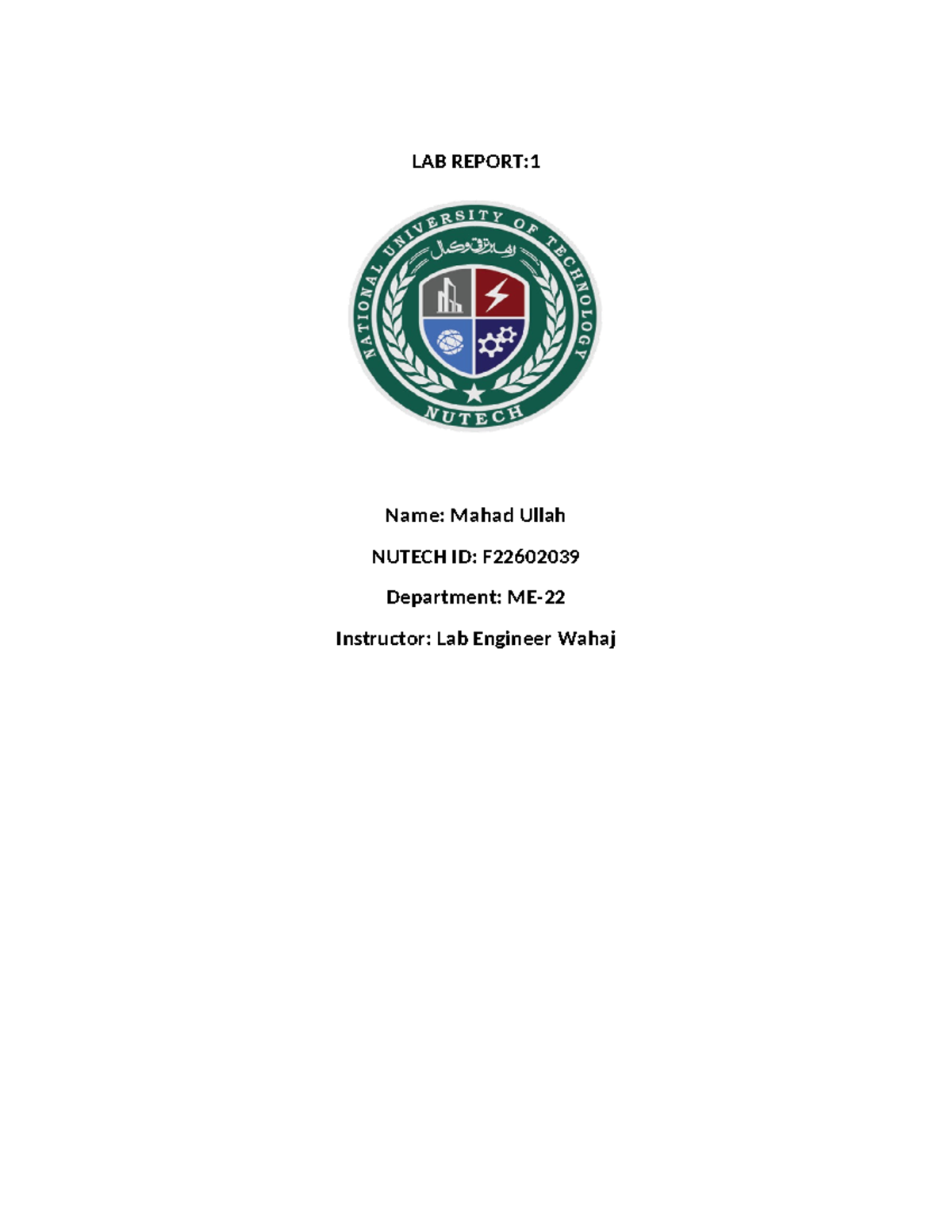 TAHA LAB Report 1 - LAB REPORT: Name: Mahad Ullah NUTECH ID: F ...