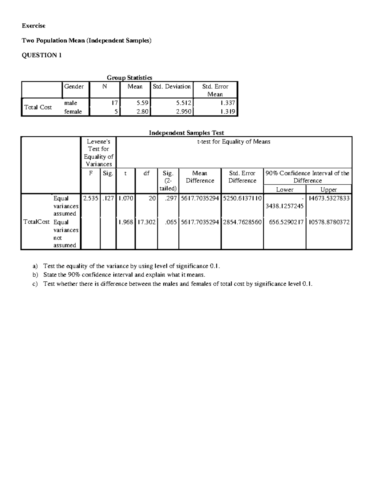 Exercise for independent sample t test - Exercise Two Population Mean ...
