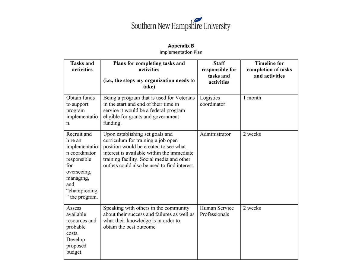 Appendix B - Appendix B - Appendix B Implementation Plan Tasks And ...