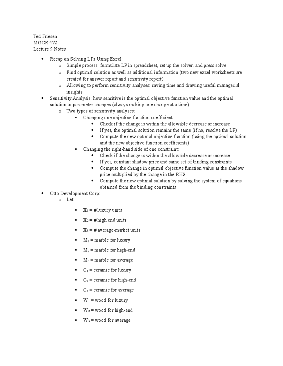 Lecture 9 Notes - Final Linear Programming Notes - Ted Friesen Mgcr 472 