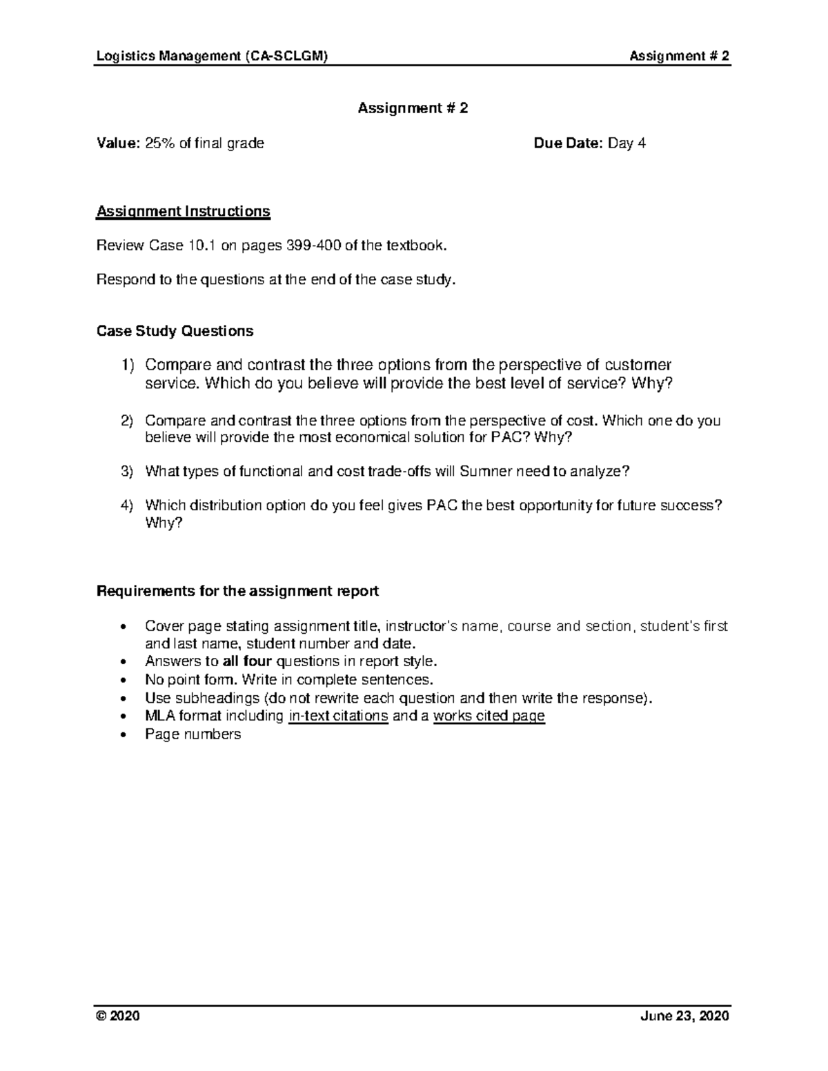 CA- Sclgm v2-0 Assignment 2 2020-0623 - Logistics Management (CA-SCLGM ...