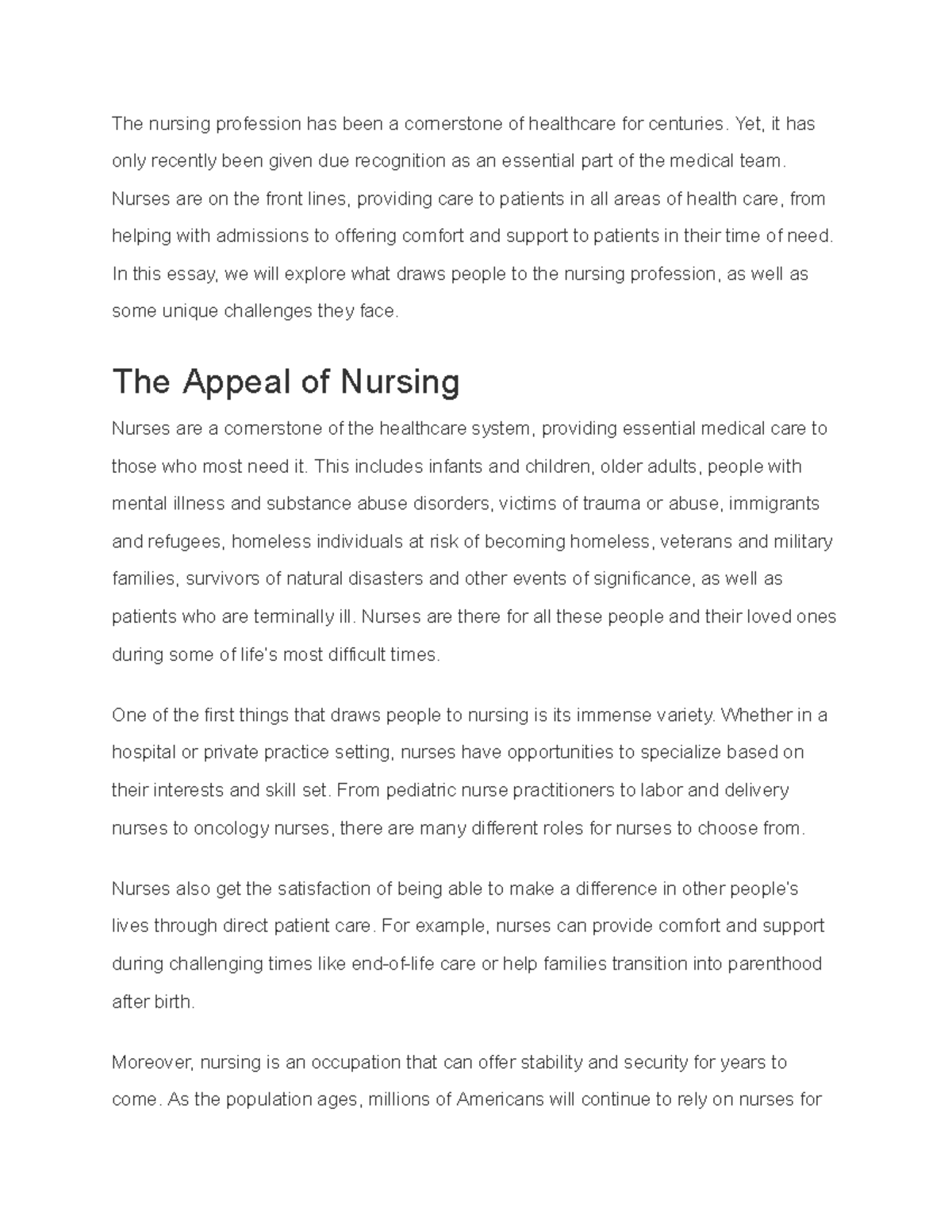 nursing profession essay