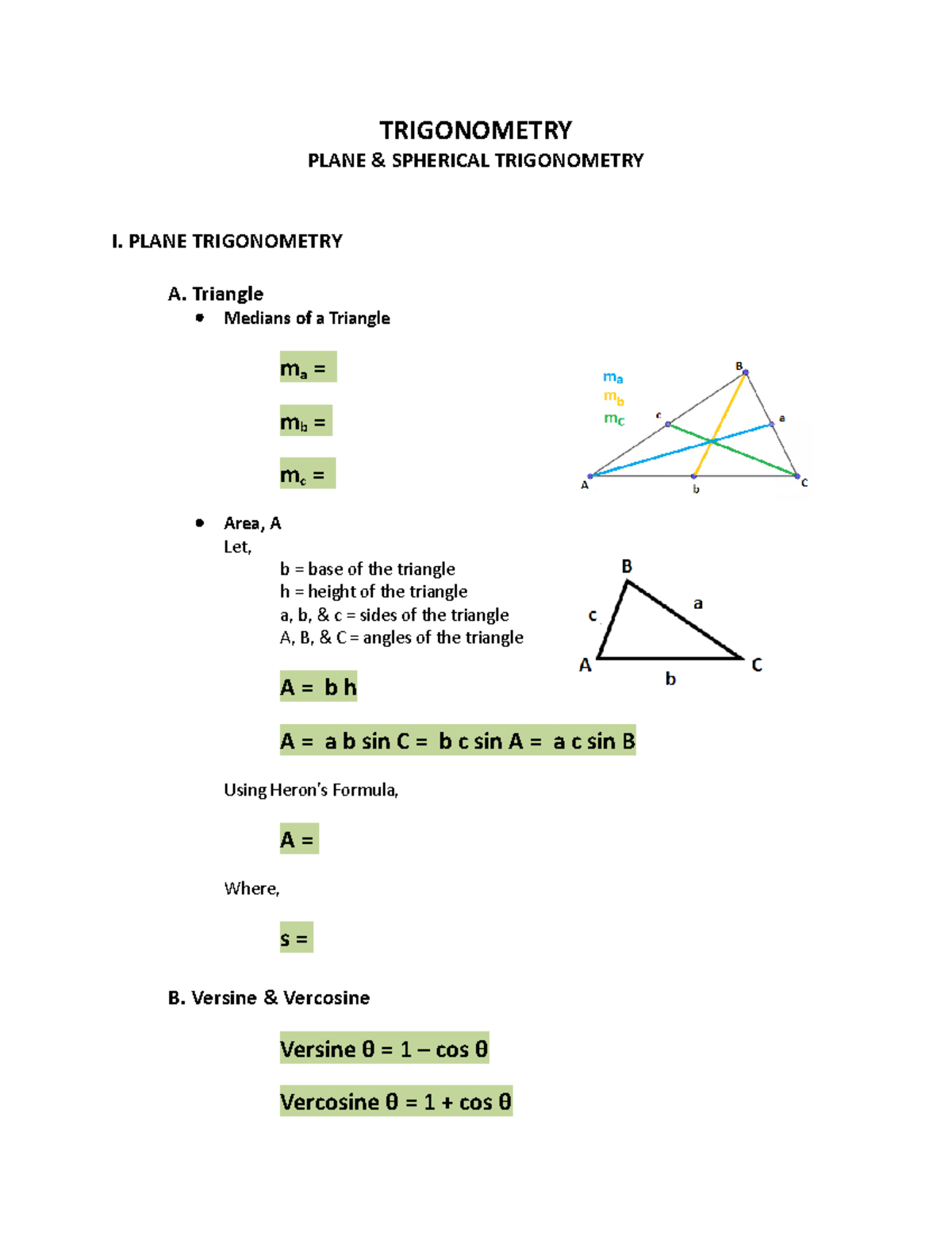 Trigonometry Notes - TRIGONOMETRY PLANE & SPHERICAL TRIGONOMETRY I ...