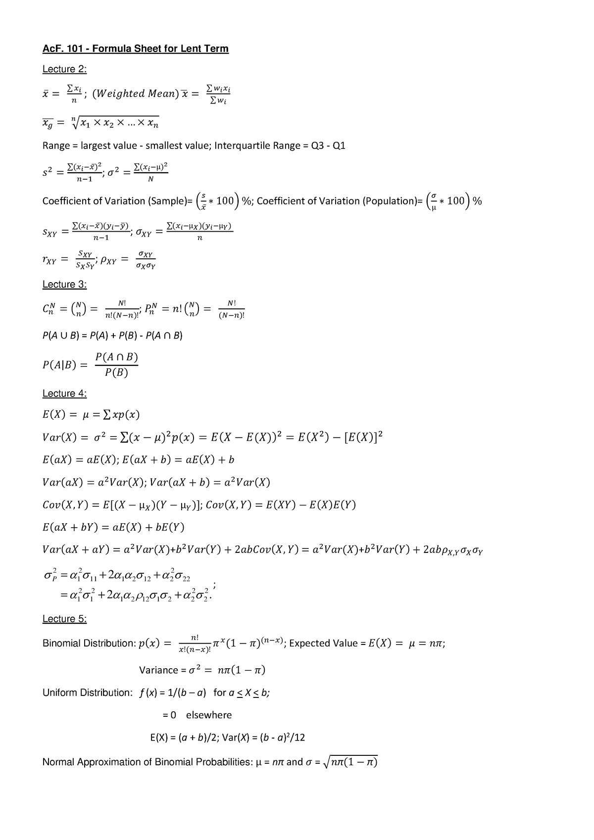 Ac F101 Formula Sheet - All equations needed - AcF. 101 - Formula Sheet ...