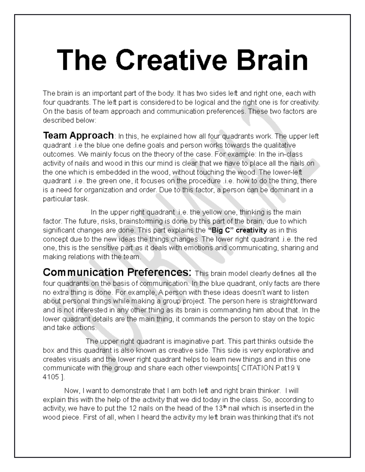 Journal#2 - JOURNAL - The Creative Brain The brain is an important part ...