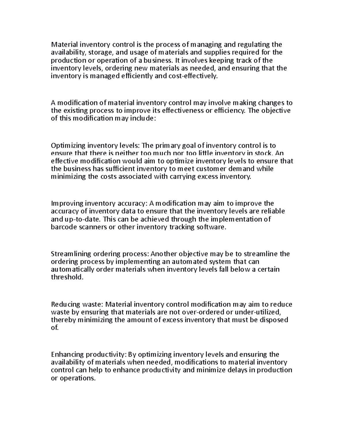 Modification of material inventory control meaning , objective