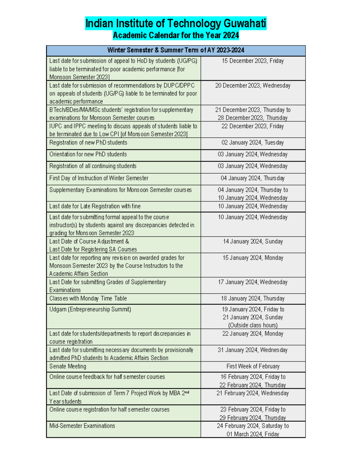 Acad Calendar 2024 Indian Institute of Technology Guwahati Academic