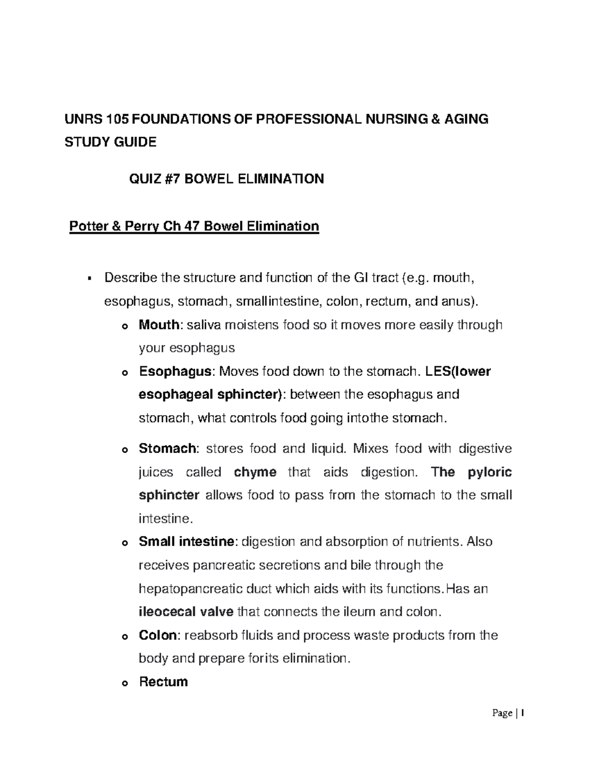 UNRS 105 Study Guide Bowel Elimination - UNRS 105 FOUNDATIONS OF ...