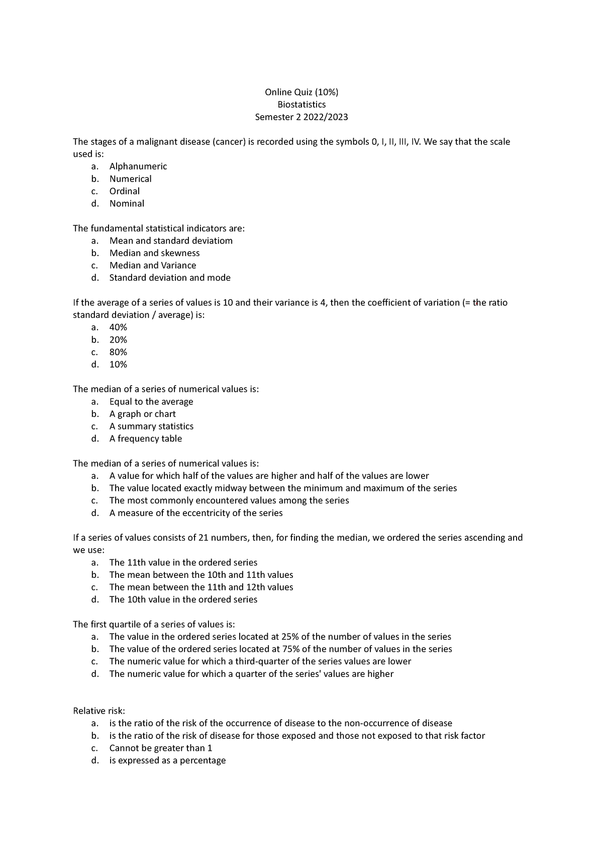 Biostats Quiz - Online Quiz Mcq Questions - Online Quiz (10% 