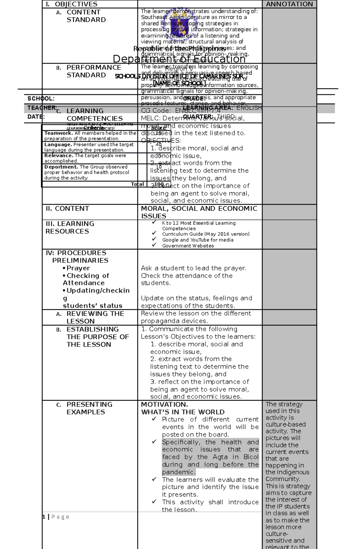 Annotated LP FOR IPs - Lesson Plan - Republic of the Philippines ...