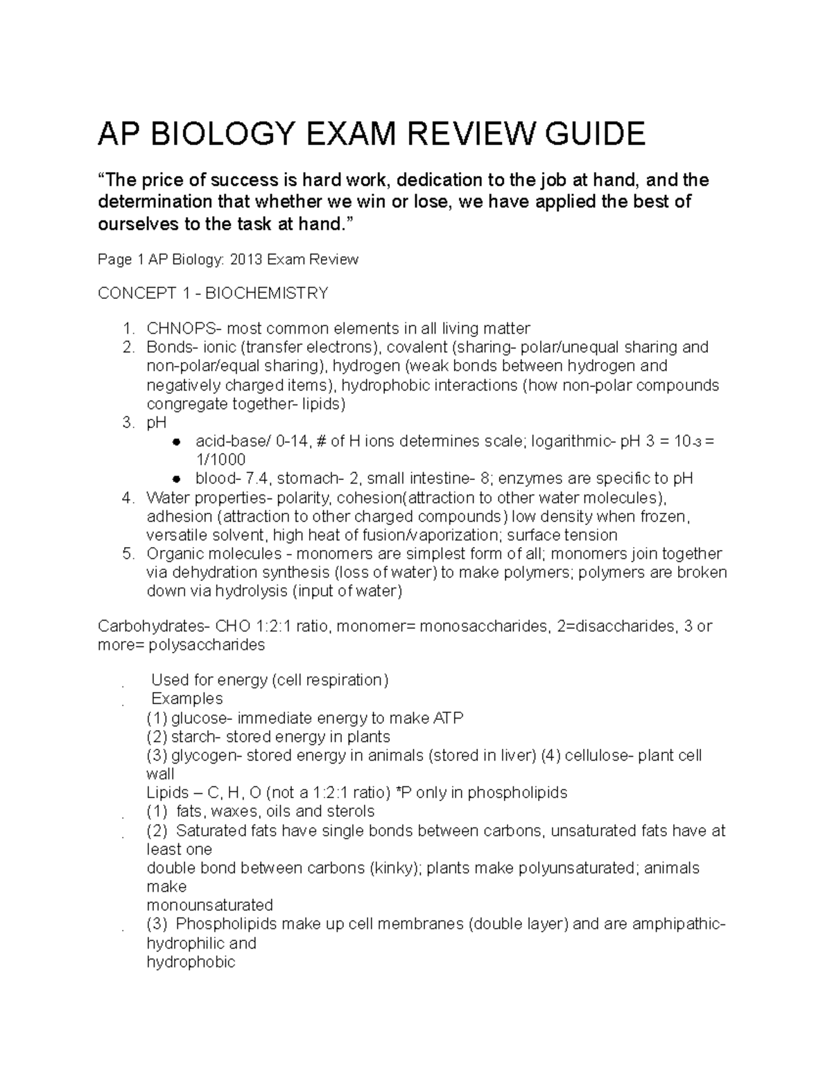 Ap Biology Exam Ap Biology Exam Review Guide “the Price Of Success Is