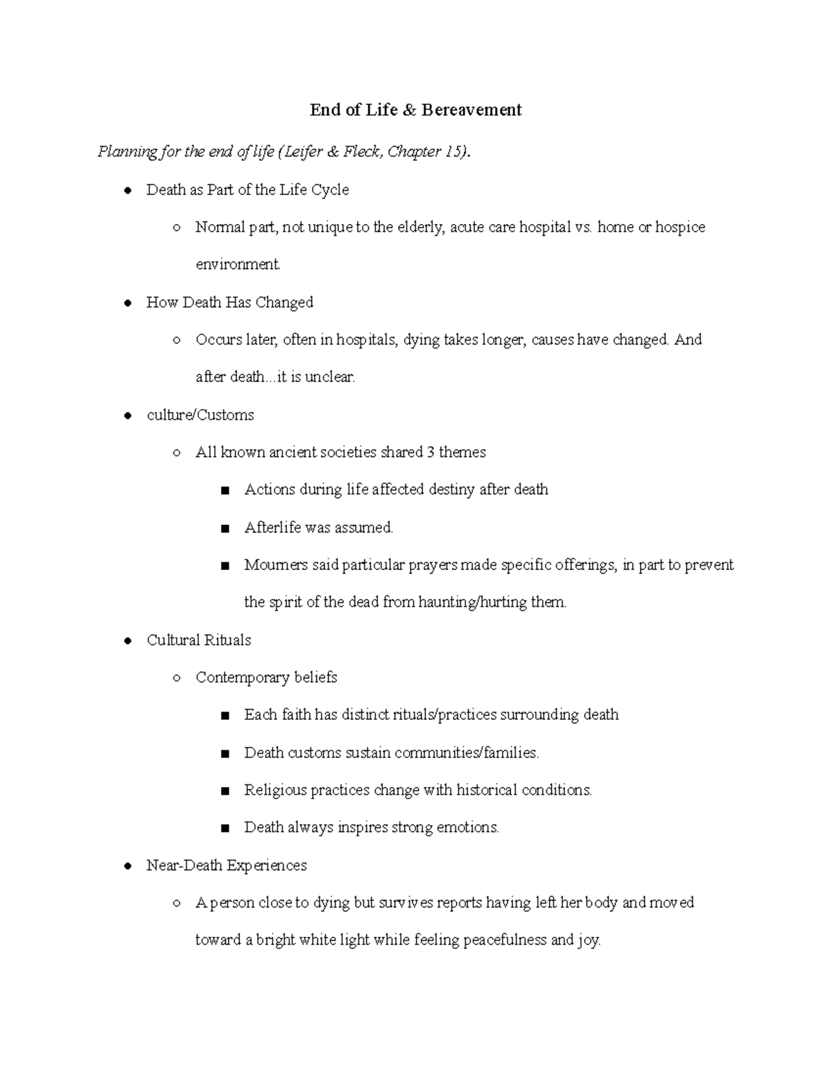 Lifespan week 12 Life Span Week 12 Notes End of Life & Bereavement