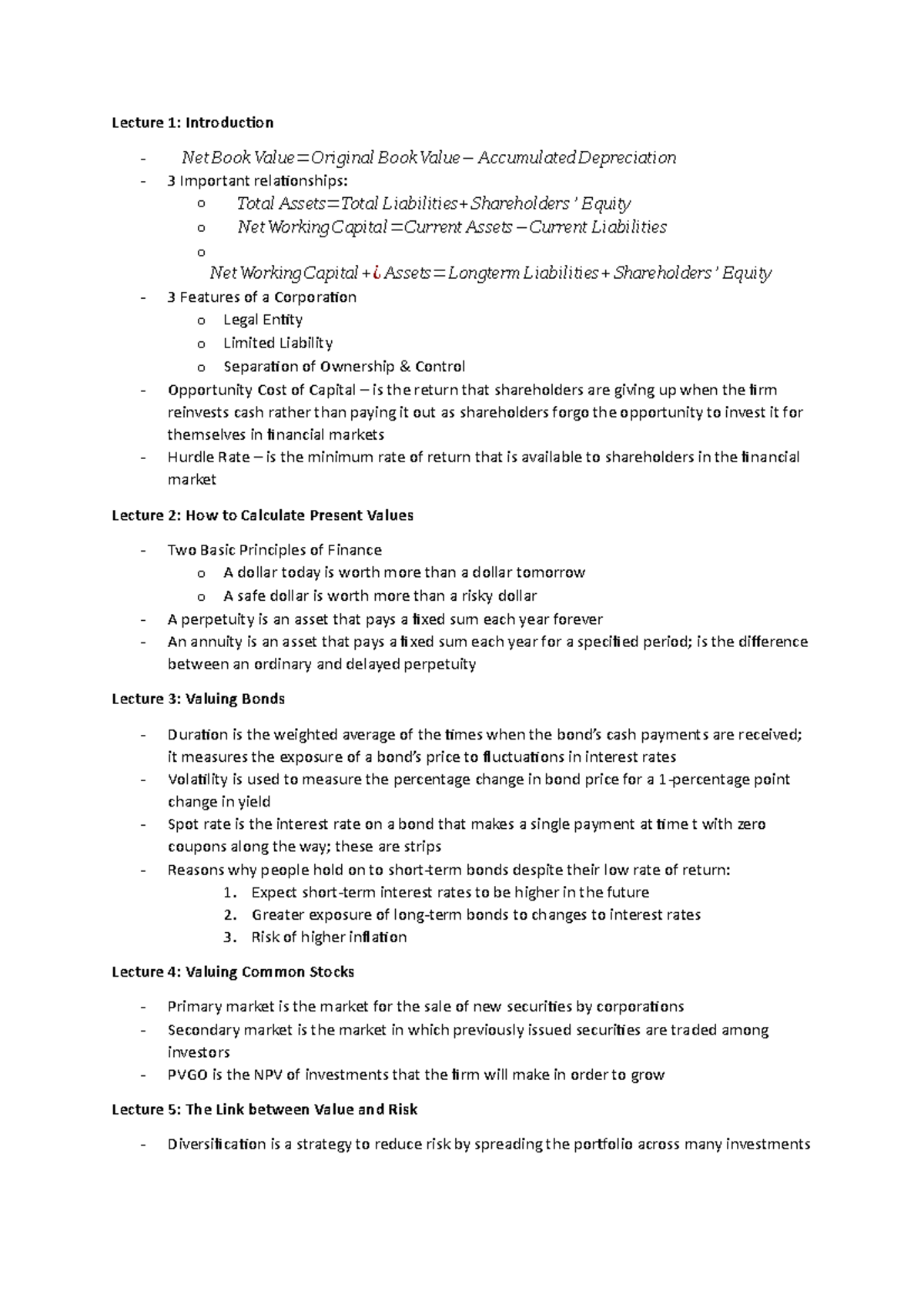 Corporate Finance Notes - Lecture 1: Introduction - Net Book Value ...