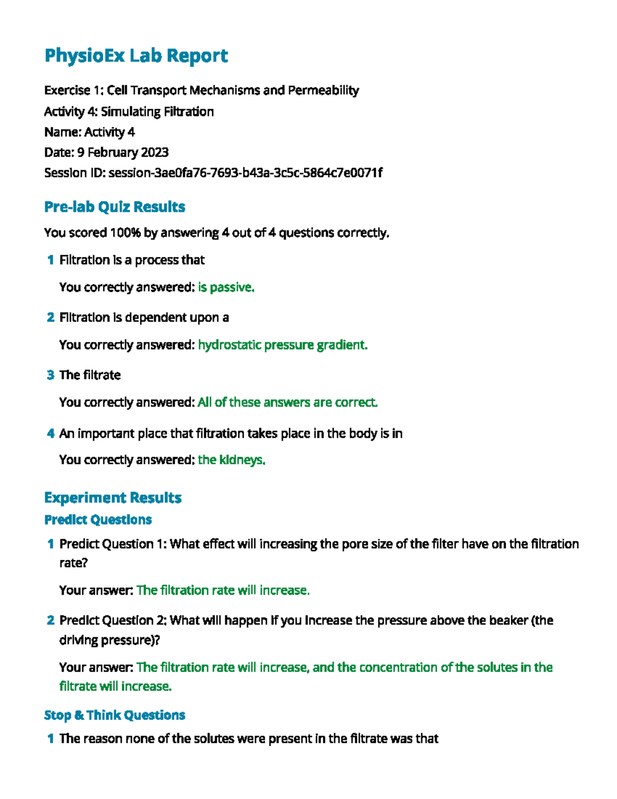 Activity+4 Professor Garcia Lopez Simulating Filtration PhysioEx Lab Report Exercise 1