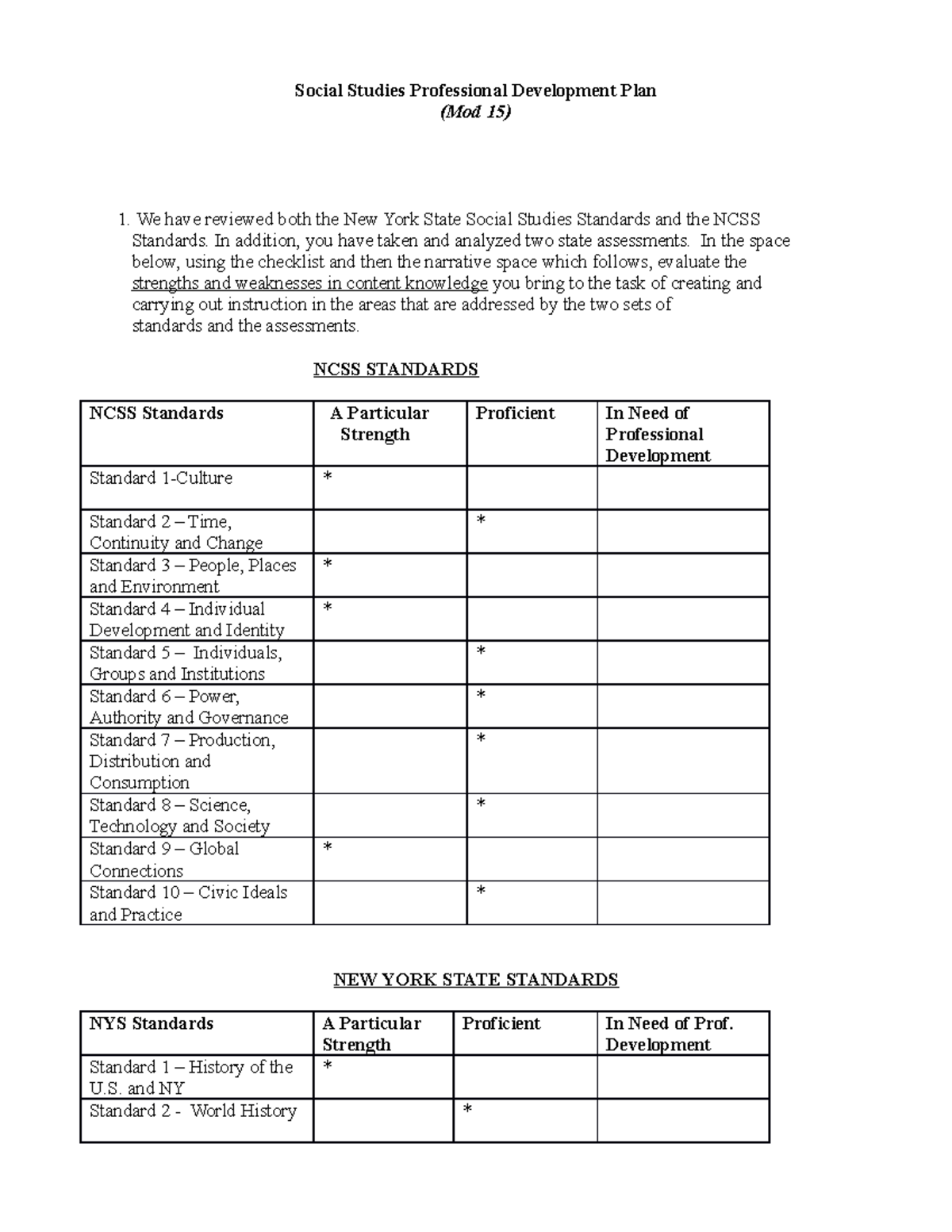 TCH 430 Professional Development Plan Social Studies Professional