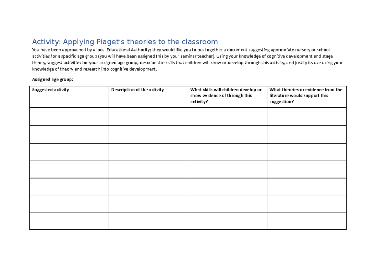 Piagets theories in the classroom Activity Applying Piaget’s