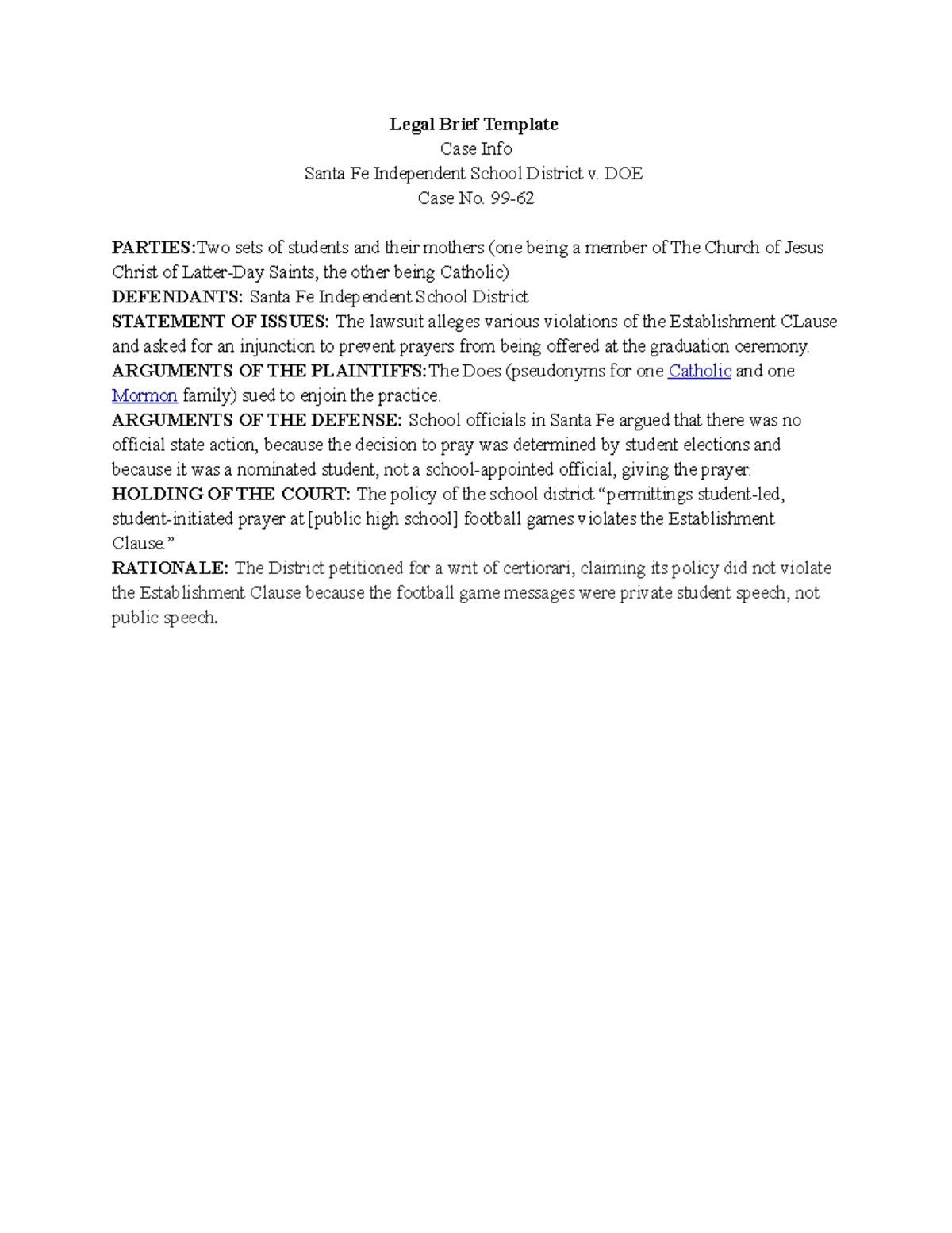 Sport Law Legal Brief Three Legal Brief Template Case Info Santa Fe