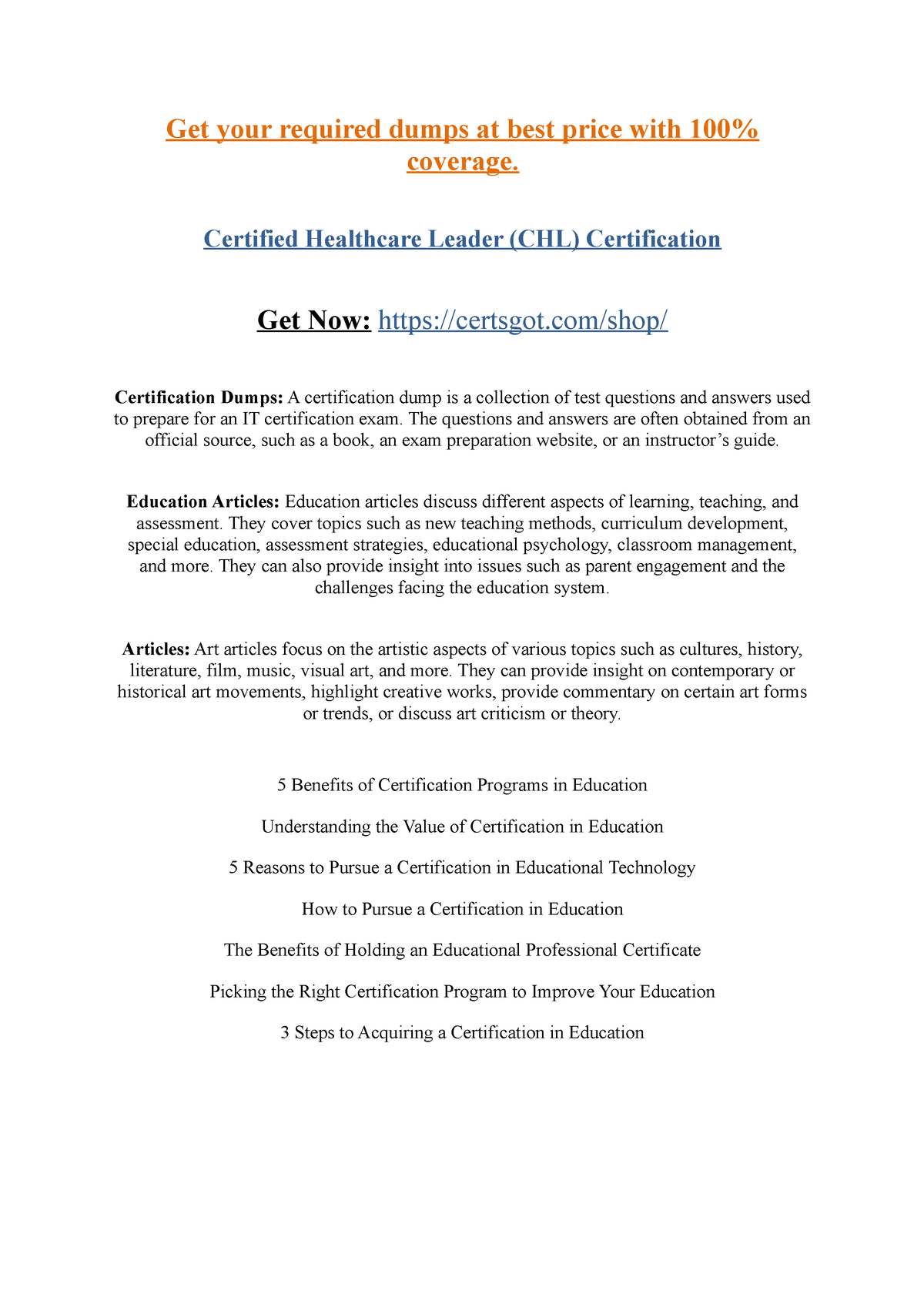 Certified Healthcare Leader (CHL) Certification TAHCSMM USU Studocu