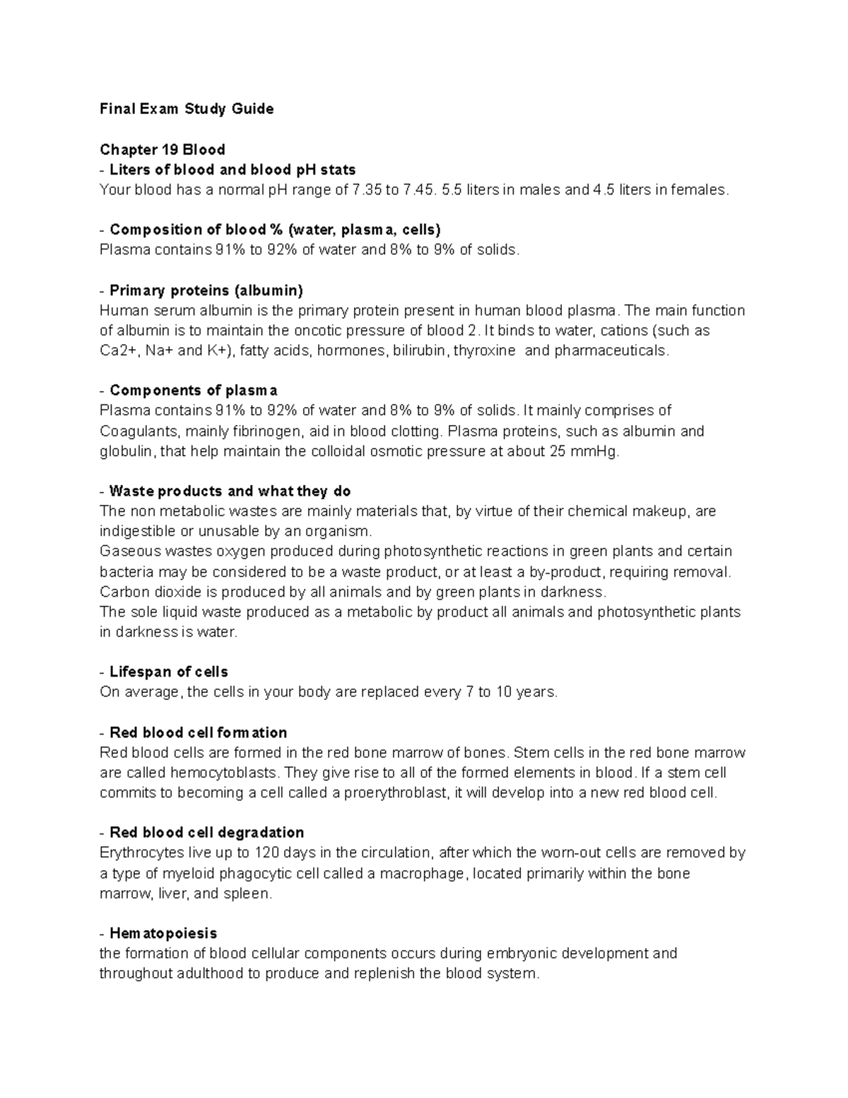 Bio 110 final study guide - Final Exam Study Guide Chapter 19 Blood ...