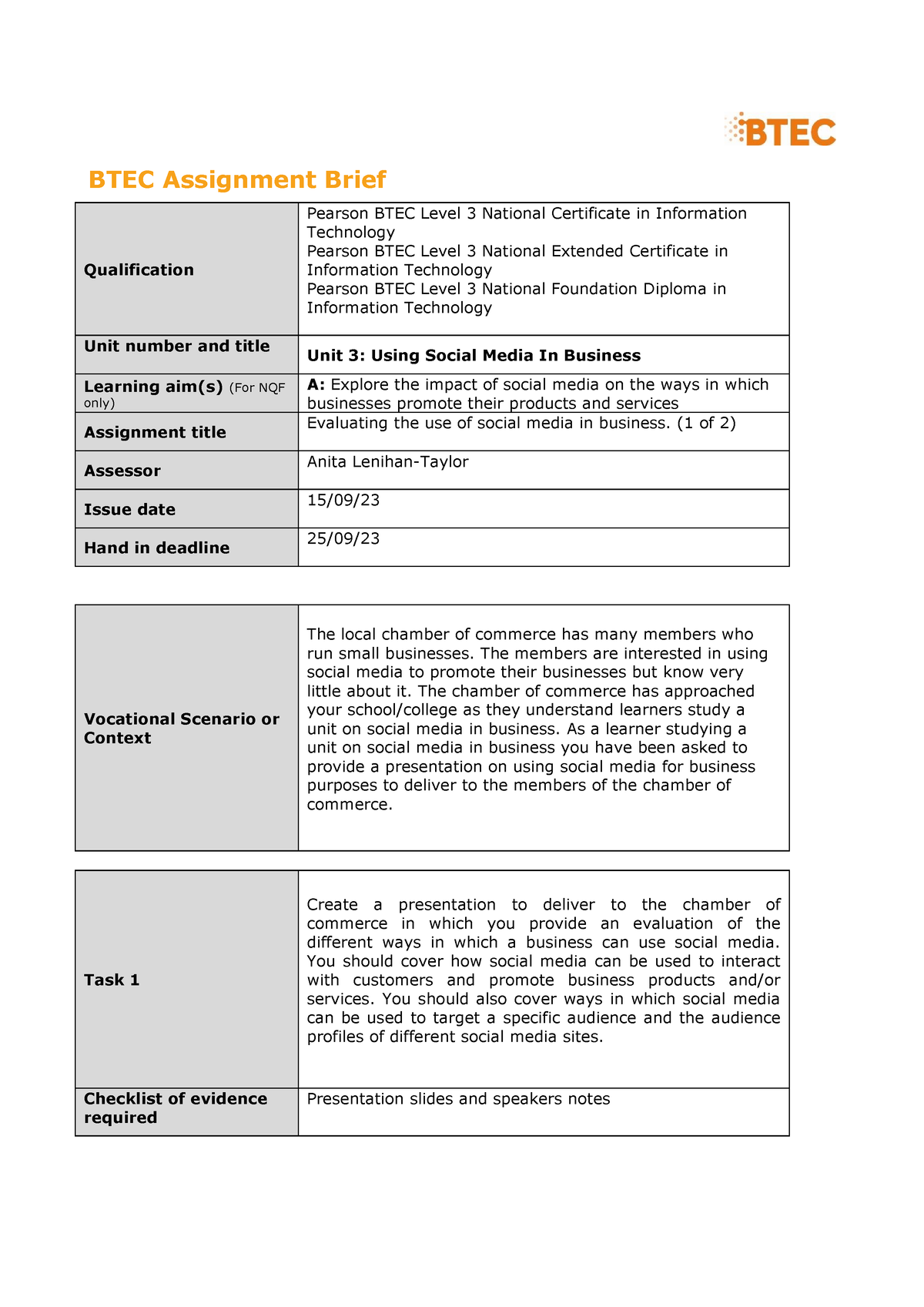 Unit 3 Assignment 1 Btec Assignment Brief Qualification Pearson Btec Level 3 National 0961