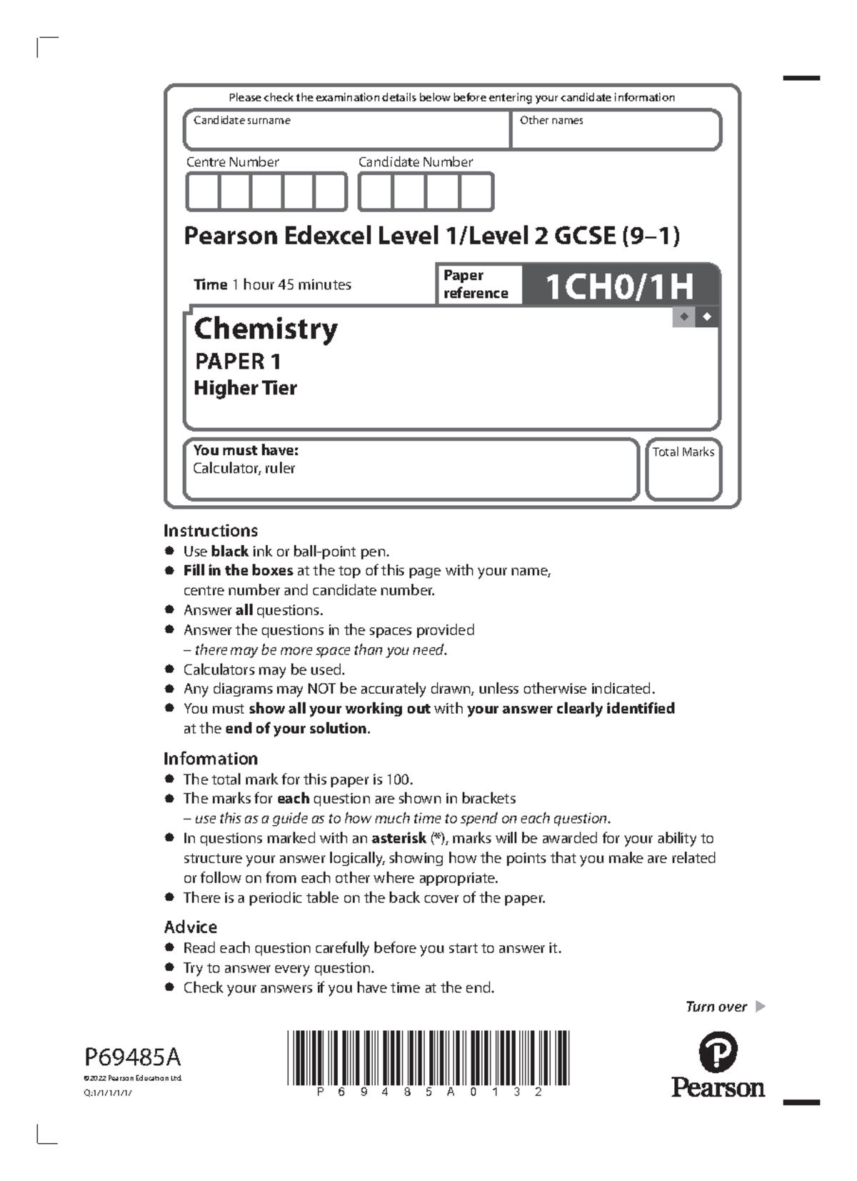 1ch0 1h que june 2022 - past paper - Centre Number Candidate Number ...