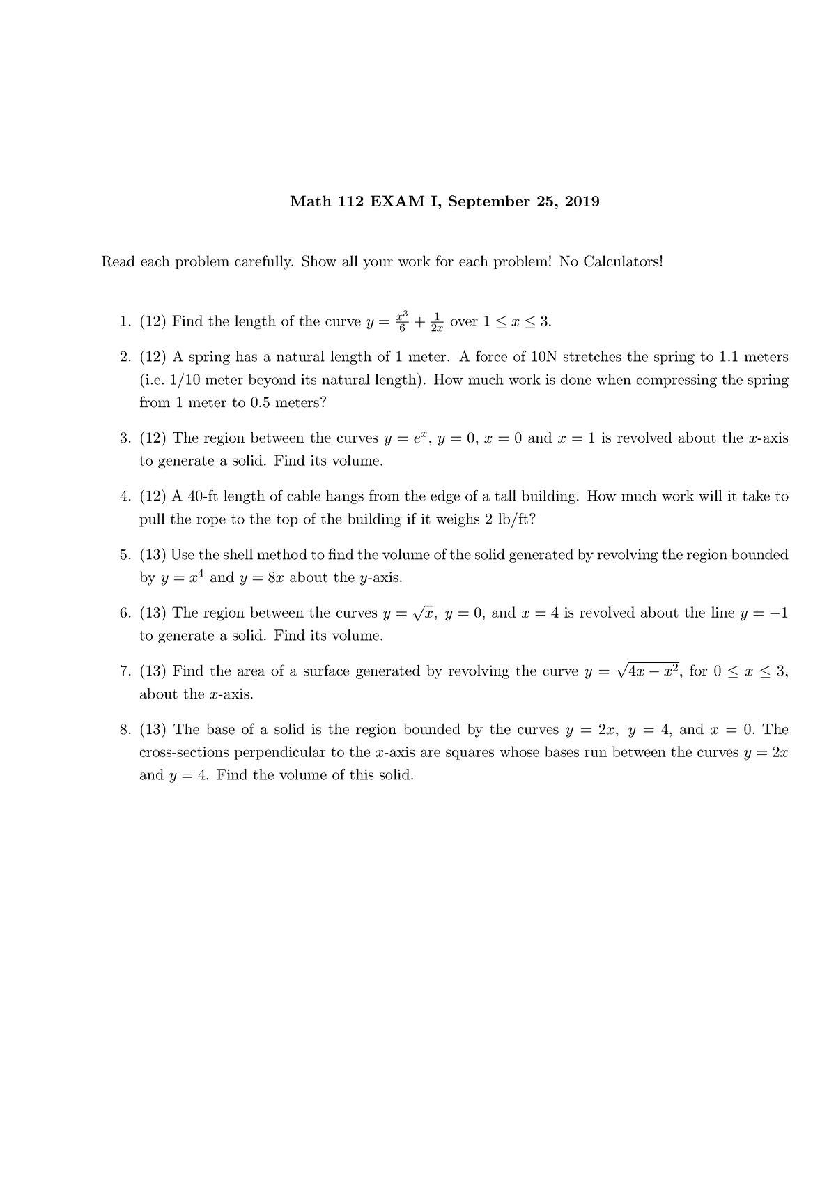 NJIT Common 1 (two) Math 112 EXAM I, September 25, 2019 Read each