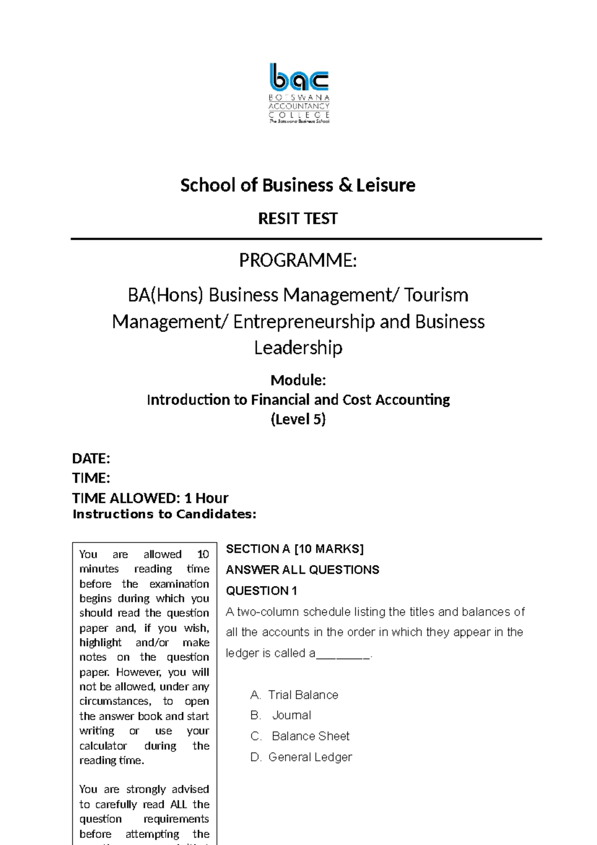 Resit TEST Question Paper - School of Business & Leisure RESIT TEST ...