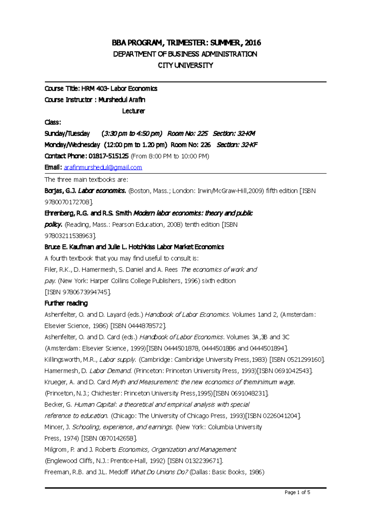 Hrm Outline 16 KF+KM - BBA PROGRAM, TRIMESTER: SUMMER, 2016 DEPARTMENT ...