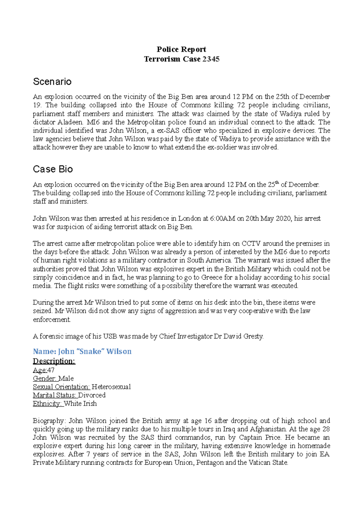 Police report - Police Report Terrorism Case 2345 Scenario An explosion ...