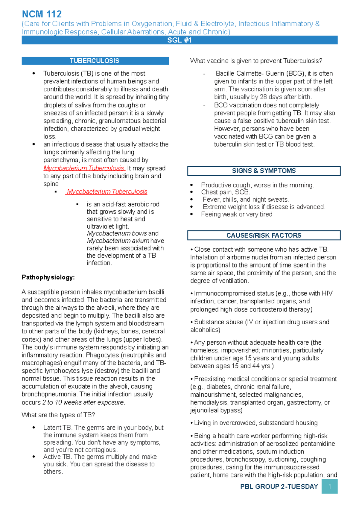 Tuberculosis - Nursing - NCM 112 (Care For Clients With Problems In ...