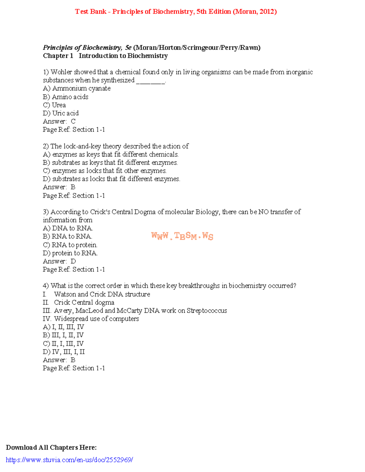 Test Bank Principles of Biochemistry, 5th Edition (Moran, 2012