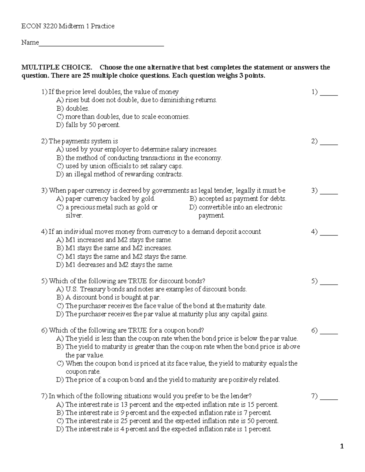 Midterm 1 practice - final - ECON 3220 Midterm 1 Practice Name