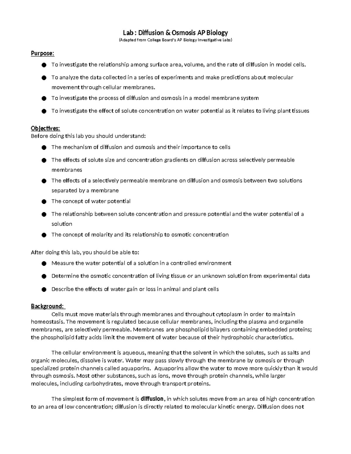 Copy of Part 2 Diffusion and Osmosis Lab Lab Diffusion & Osmosis AP