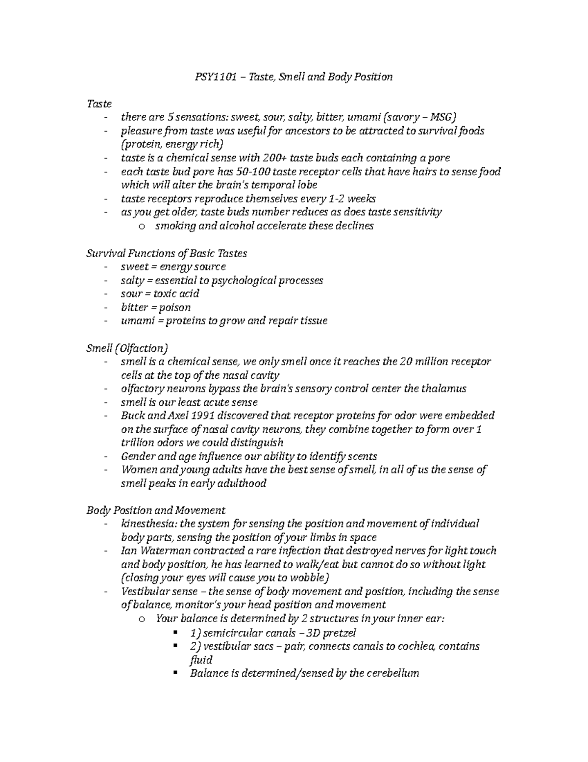 PSY1101 – Taste, Smell And Body Position - PSY1101 – Taste, Smell And ...