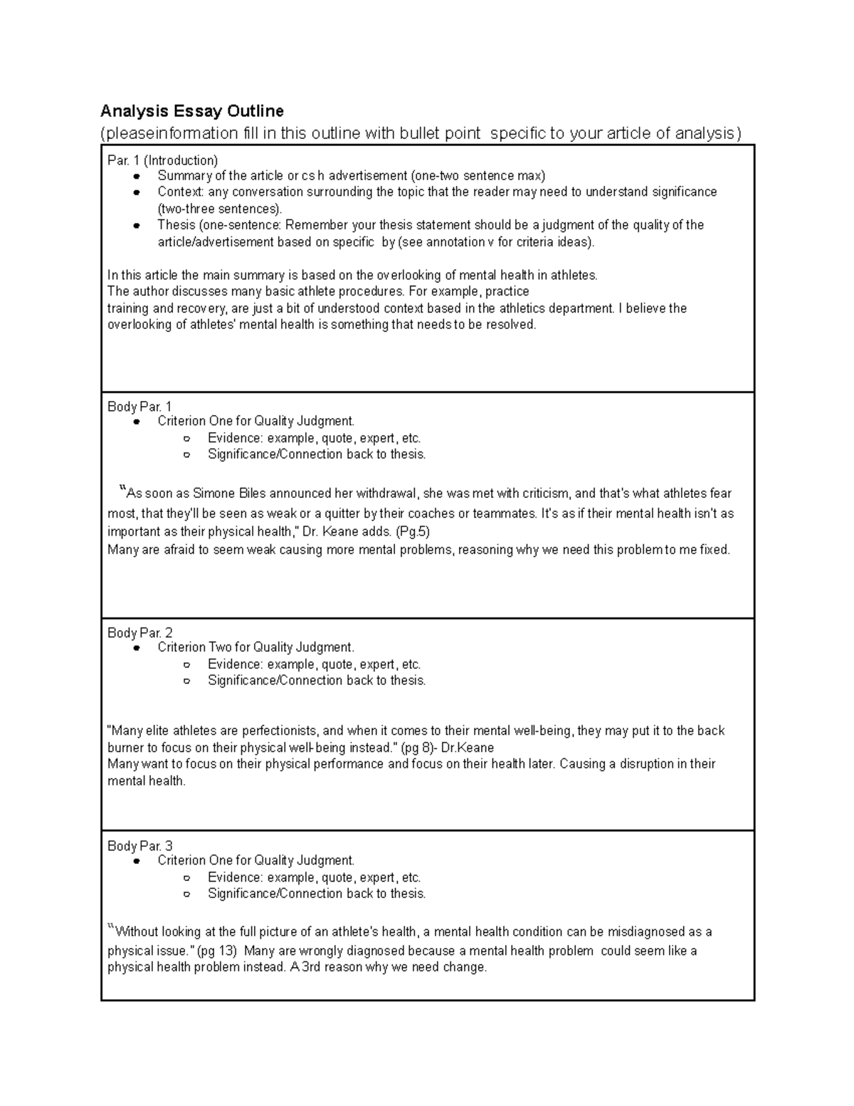 Analysis Essay Outline - Analysis Essay Outline (pleaseinformation fill ...