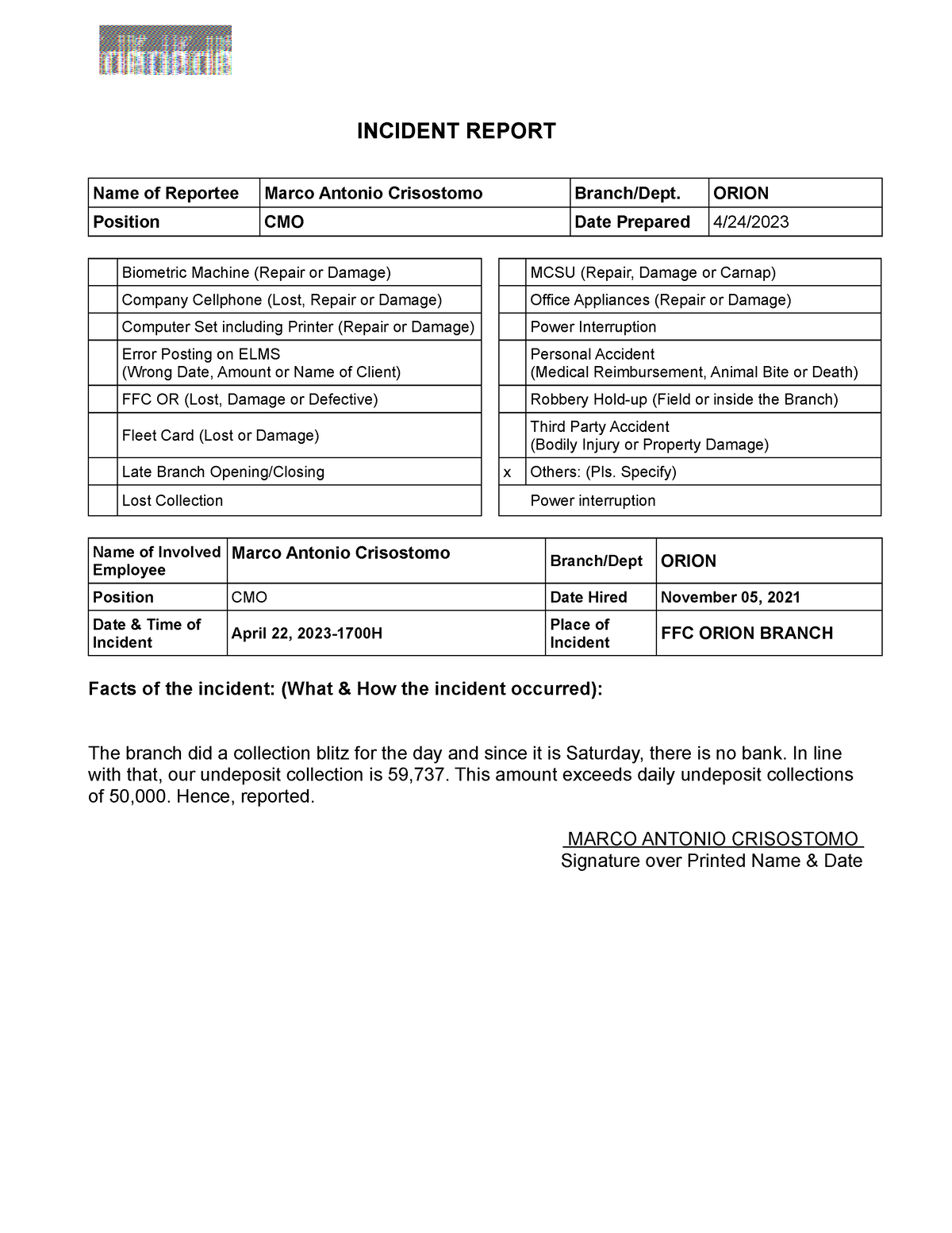 IR Incident Report form Undeposit Collection - INCIDENT REPORT Name of ...