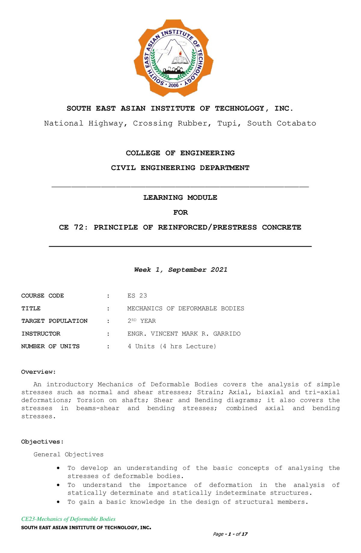 ES 23 module-1a - CE23-Mechanics of Deformable Bodies SOUTH EAST ASIAN ...