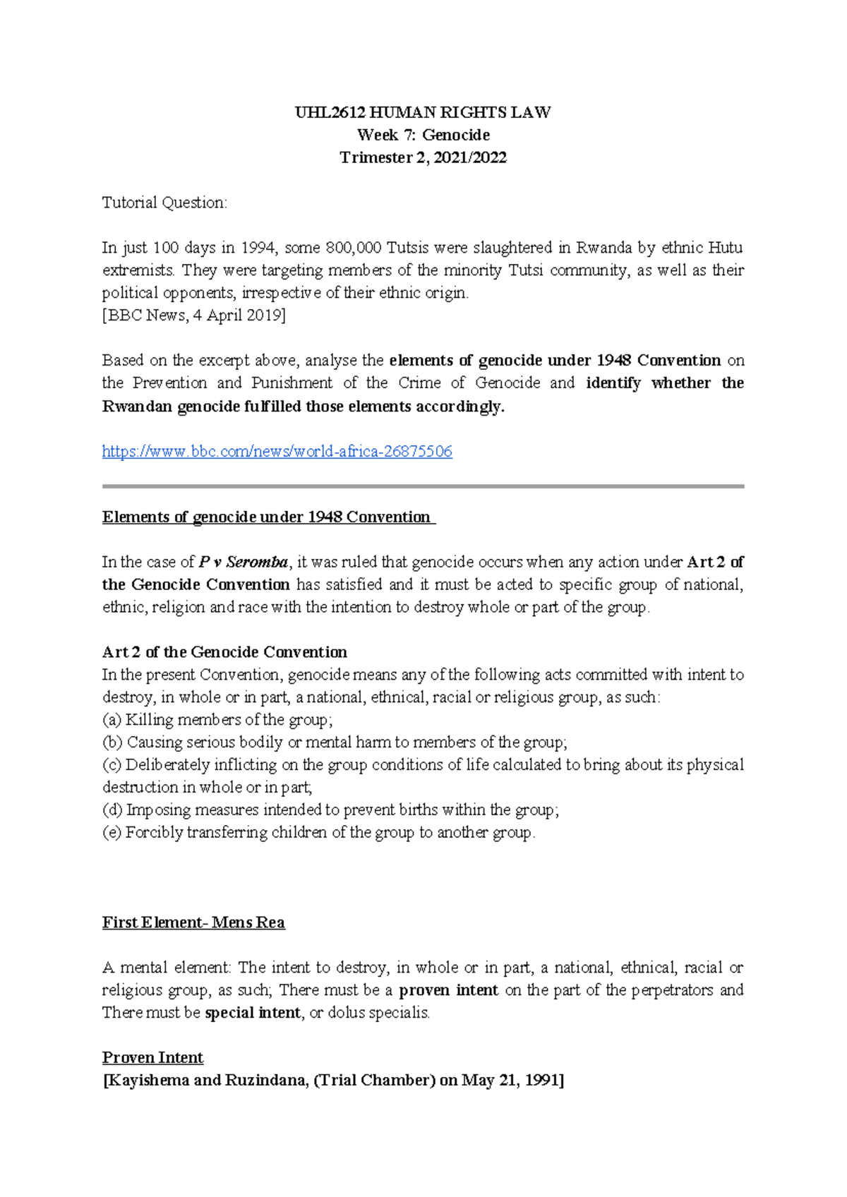 Tutorial Week 7 - UHL2612 HUMAN RIGHTS LAW Week 7: Genocide Trimester 2 ...
