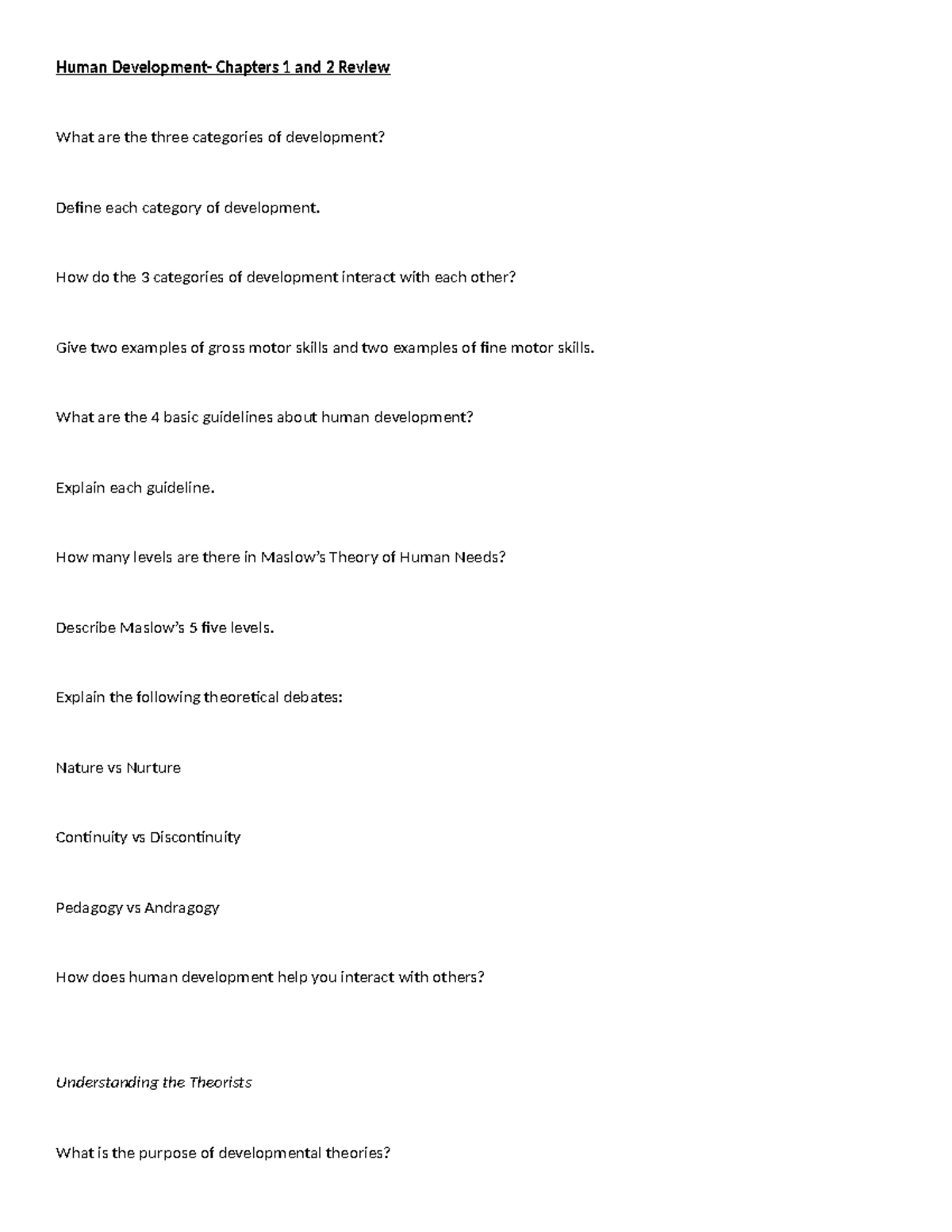 Chapter 1 and 2 test - Human Development- Chapters 1 and 2 Review What ...