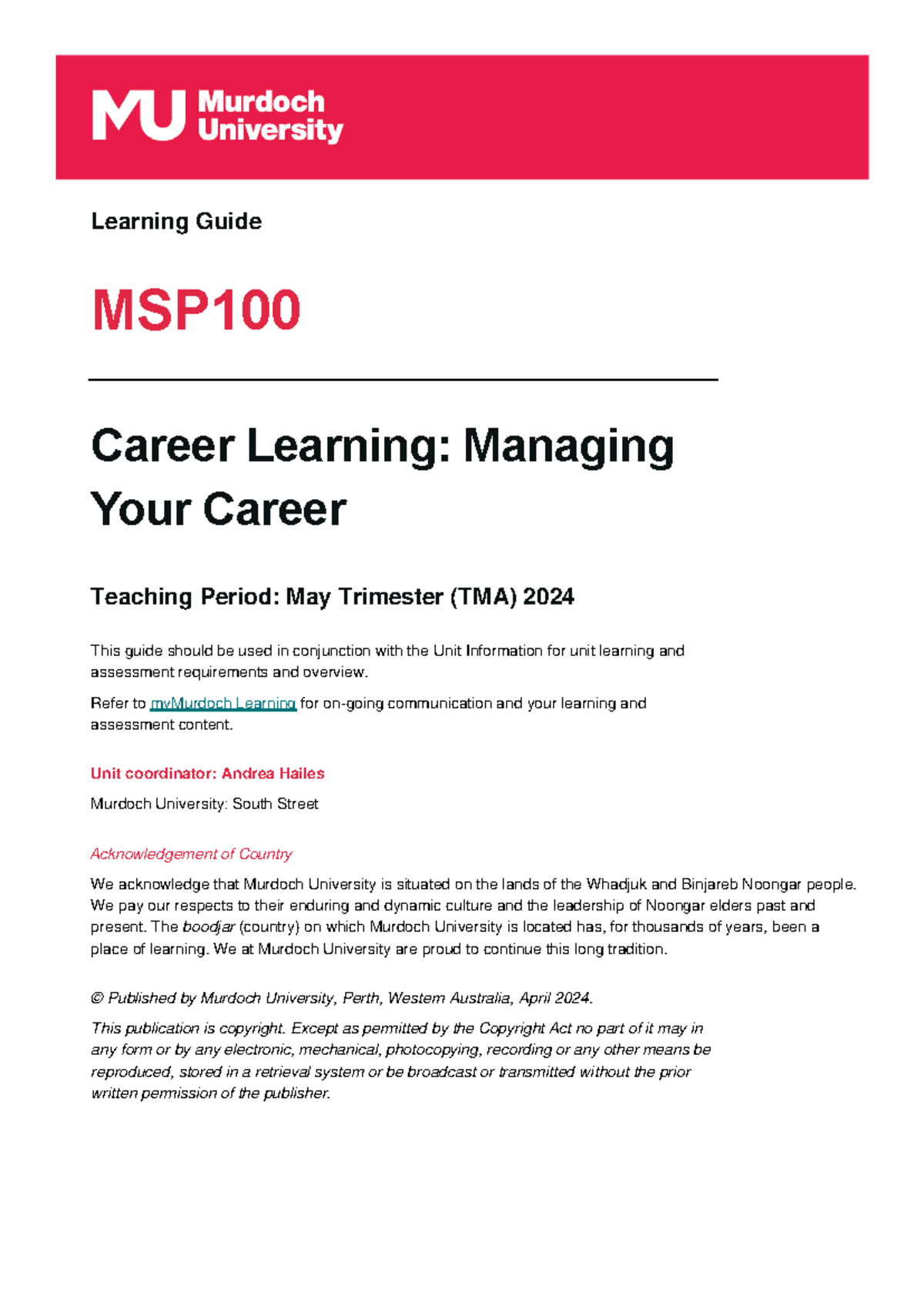 Unit Learning Guide MSP100 TMA 2024 - Learning Guide MSP Career ...