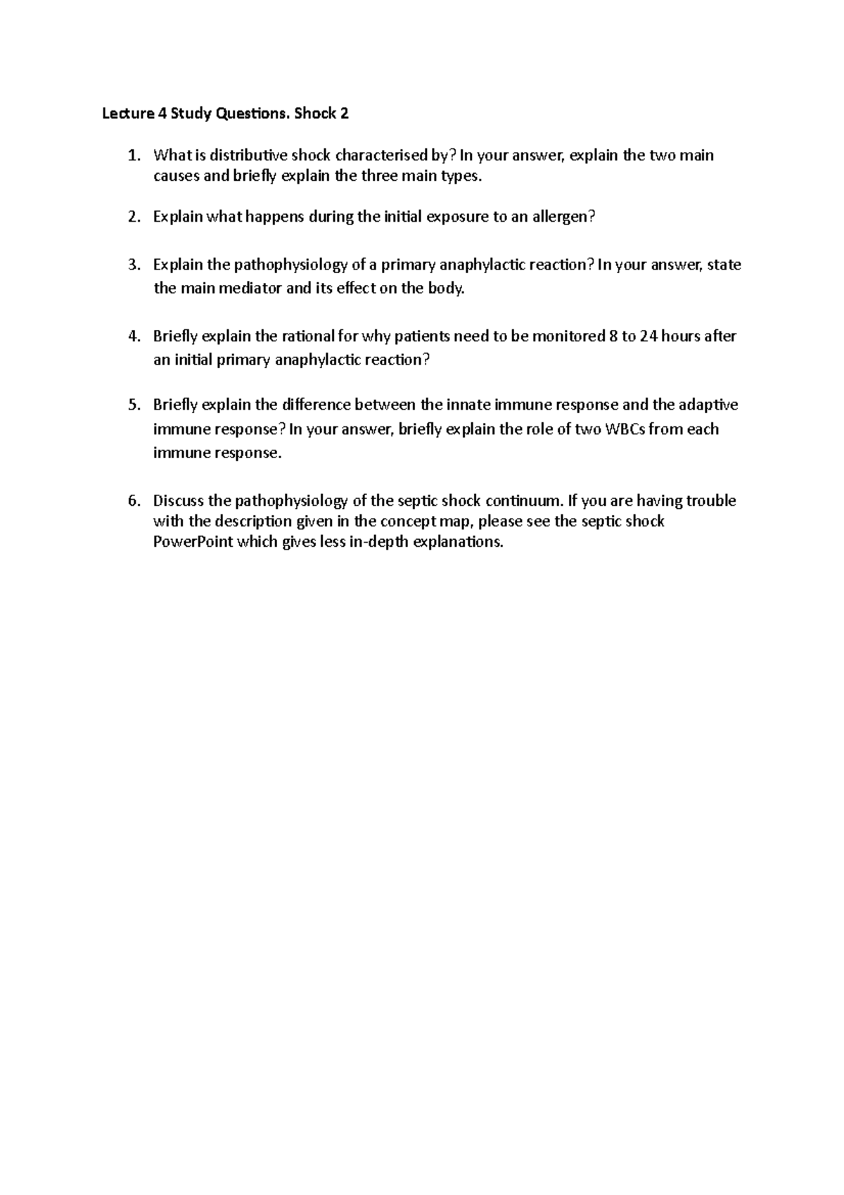 Lecture 4 Study Questions. Shock 2 - Lecture 4 Study Questions. Shock 2 ...