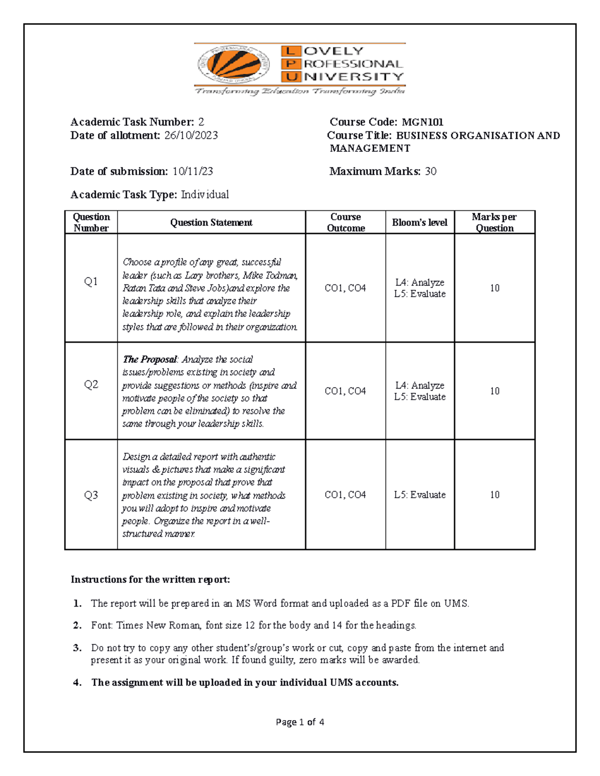 MGN101 Assignment 2 - Academic Task Number: 2 Course Code: MGN Date of ...