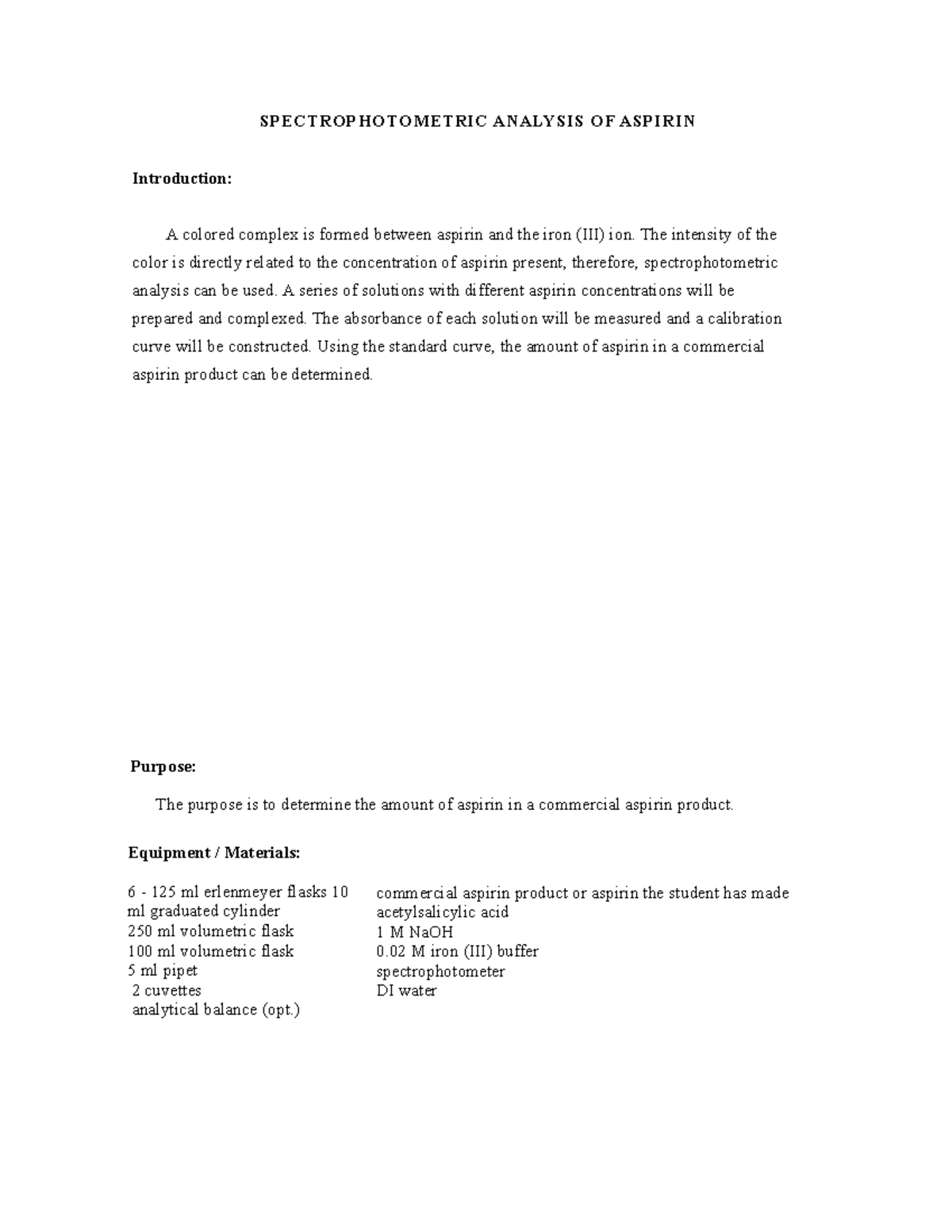 Aspirin lab report SPECTROPHOTOMETRIC ANALYSIS OF ASPIRIN