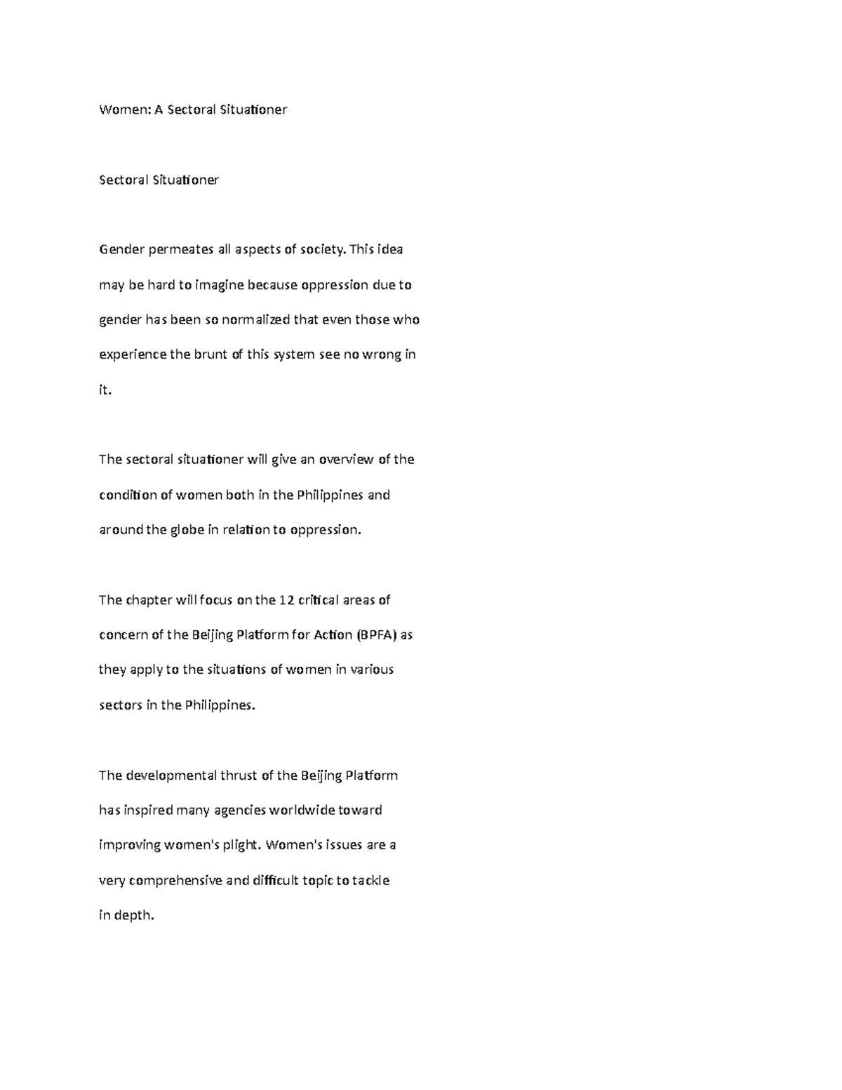 Women A Sectoral Situationer Women A Sectoral Situationer Sectoral