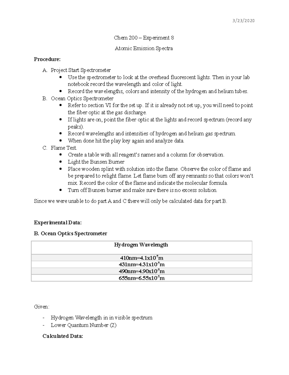 Lab Report 8 - 3/23/ Chem 200 – Experiment 8 Atomic Emission Spectra ...