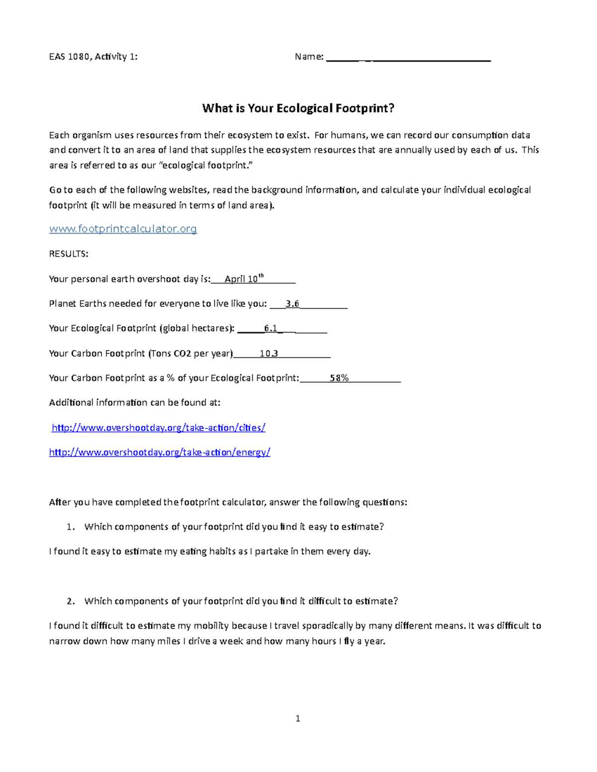 Ecological Footprint activity - EAS 21 - Intro To Environmental Inside Human Footprint Worksheet Answers