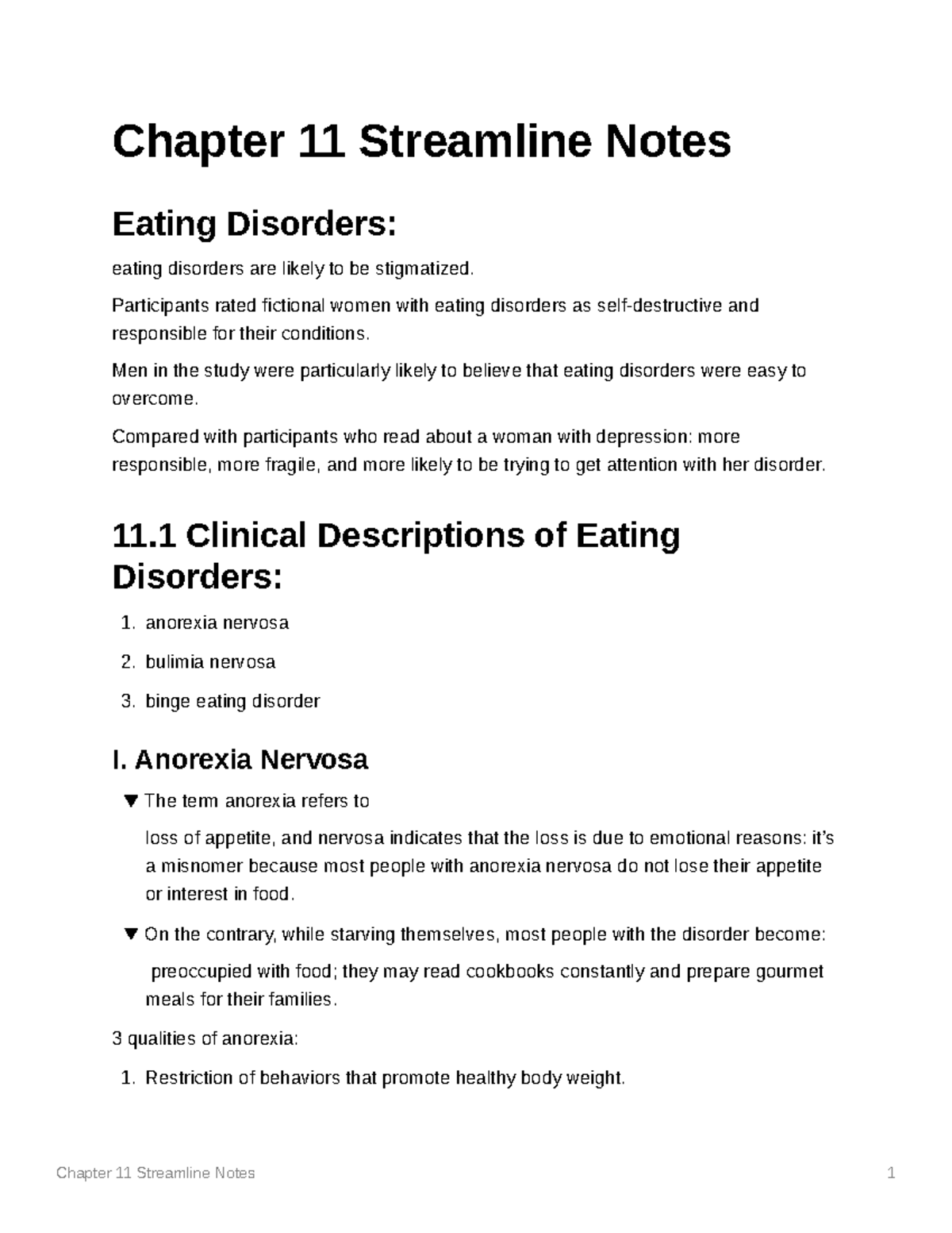 Chapter 11 Notes - Chapter 11 Streamline Notes Eating Disorders: eating ...